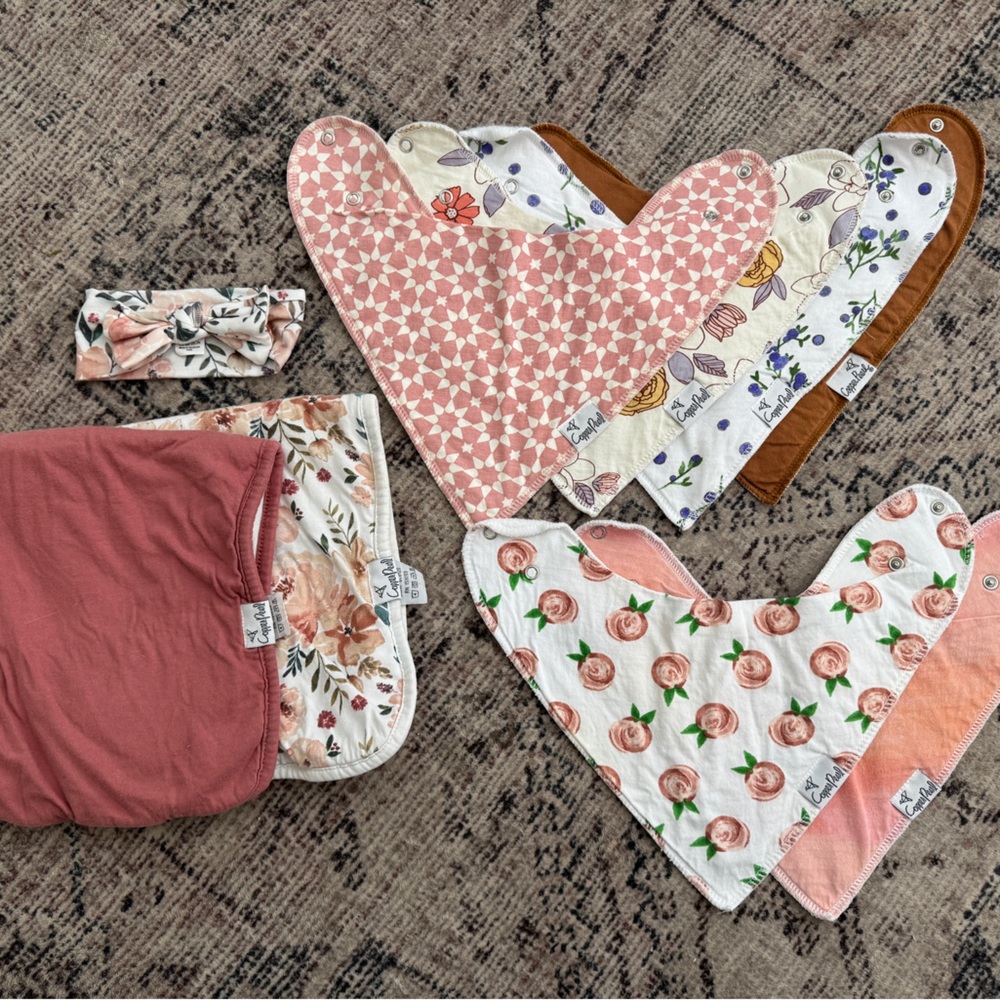 Copper Pearl Bandana Bib & Burp Cloth Set florals, pinks, quilt block prints